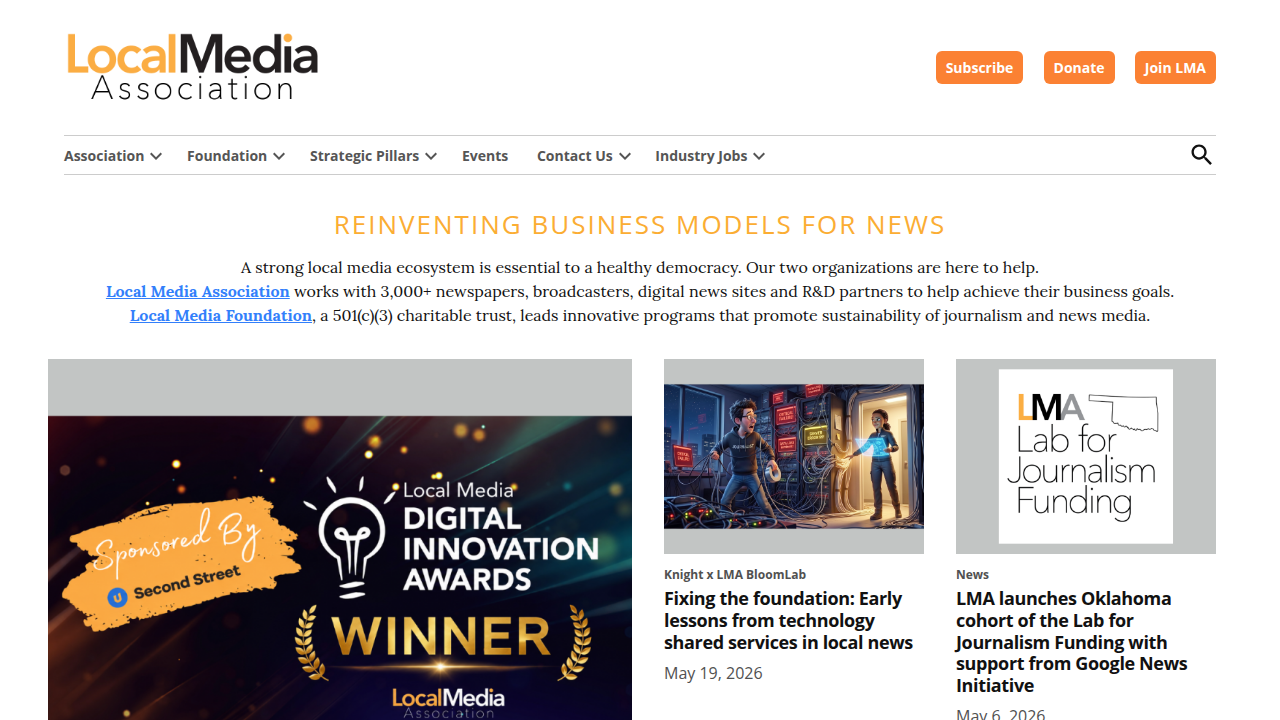 The homepage of the Local Media Association, an organization supporting local news and media businesses in adapting to new models.