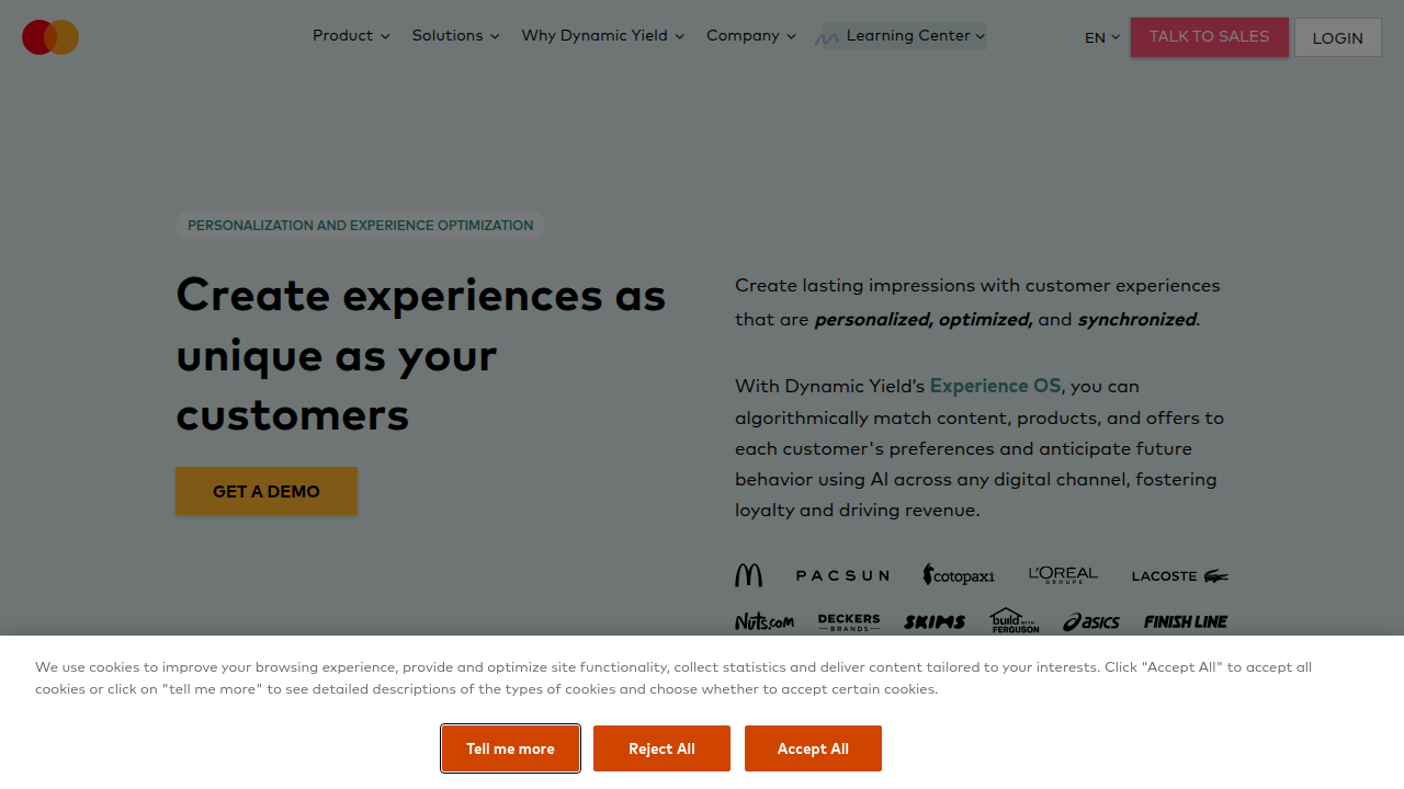 Screenshot of Dynamic Yield's homepage, a platform offering AI-powered personalization and experience optimization tools.
