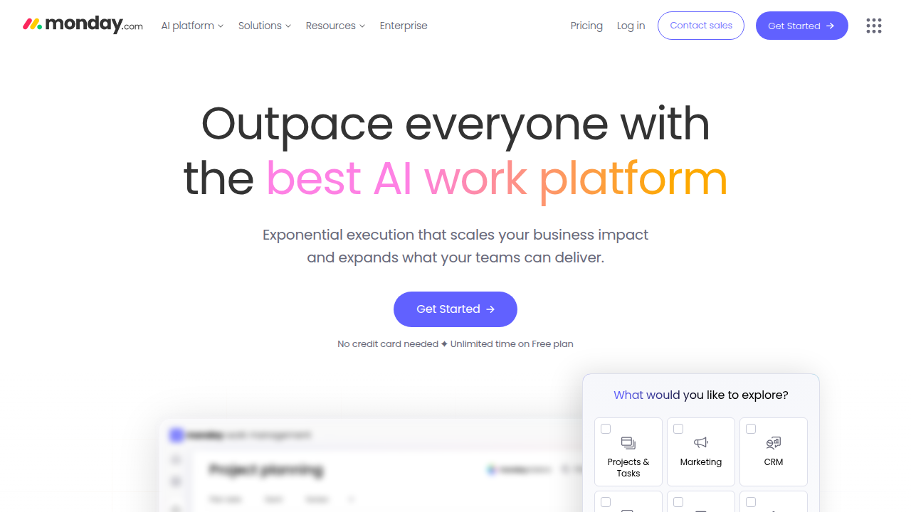 Screenshot of Monday.com's homepage, a work OS that marketing teams use for project management and campaign tracking.
