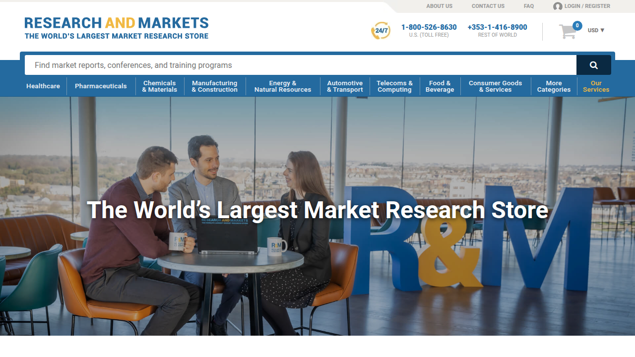 A screenshot of Research and Markets' homepage, a source for global market reports, including SEO industry data.