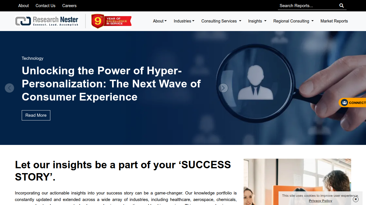 A screenshot of the Research Nester homepage, a global market research and consulting firm.