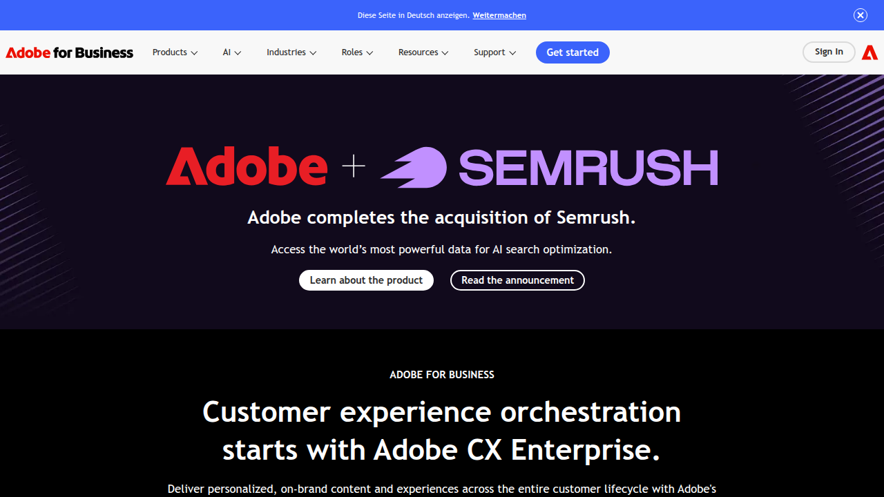 A screenshot of Adobe's business solutions homepage, a prominent technology company in digital creation.