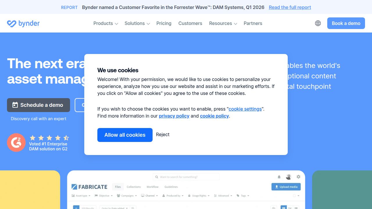 A screenshot of the Bynder homepage, a digital asset management and branding platform.