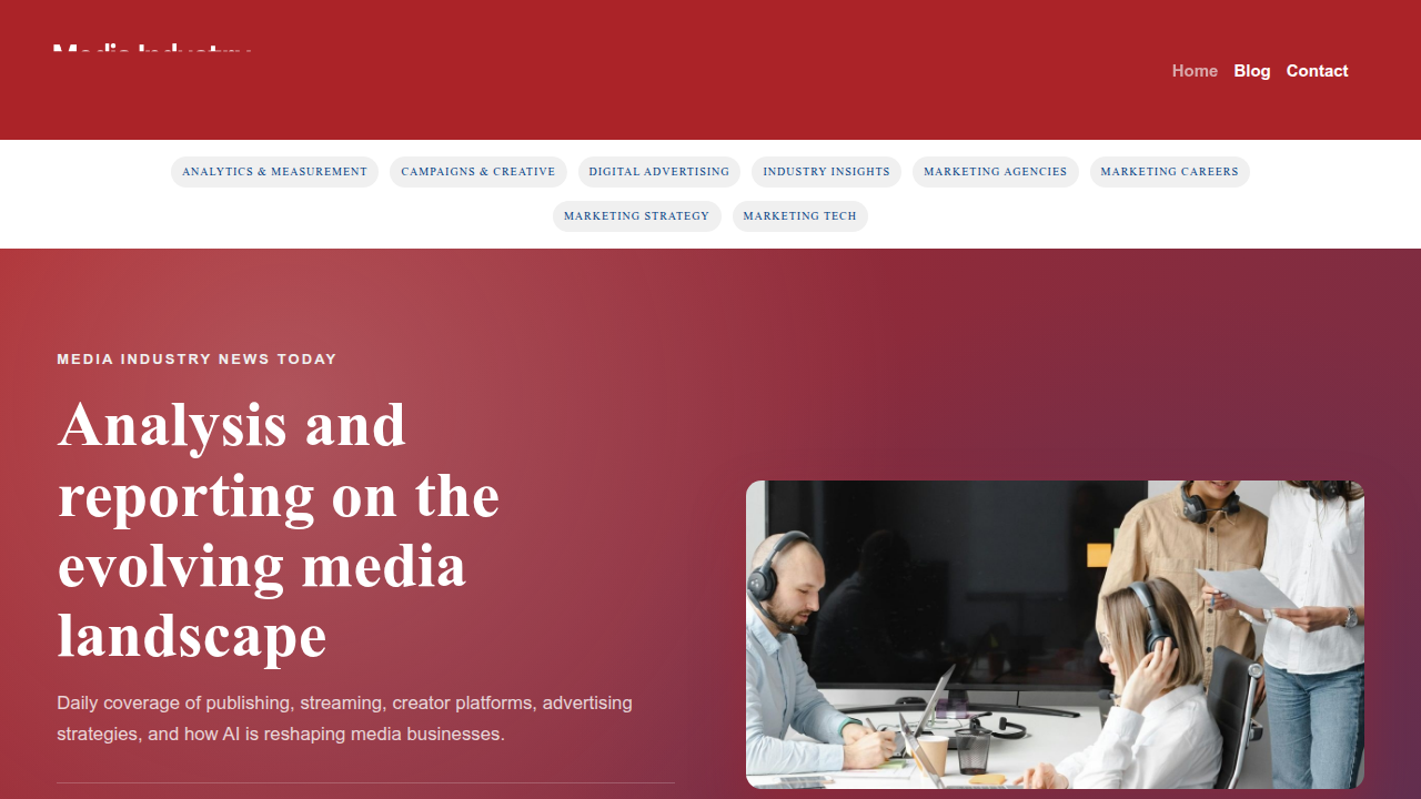 A screenshot of the homepage for Media Industry News Today, a platform offering insights on marketing and media trends.