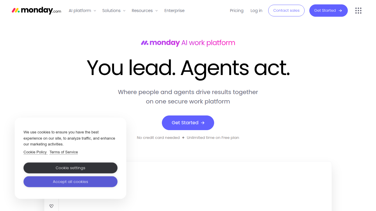 A screenshot of monday.com's homepage, illustrating a platform for work management and project planning.