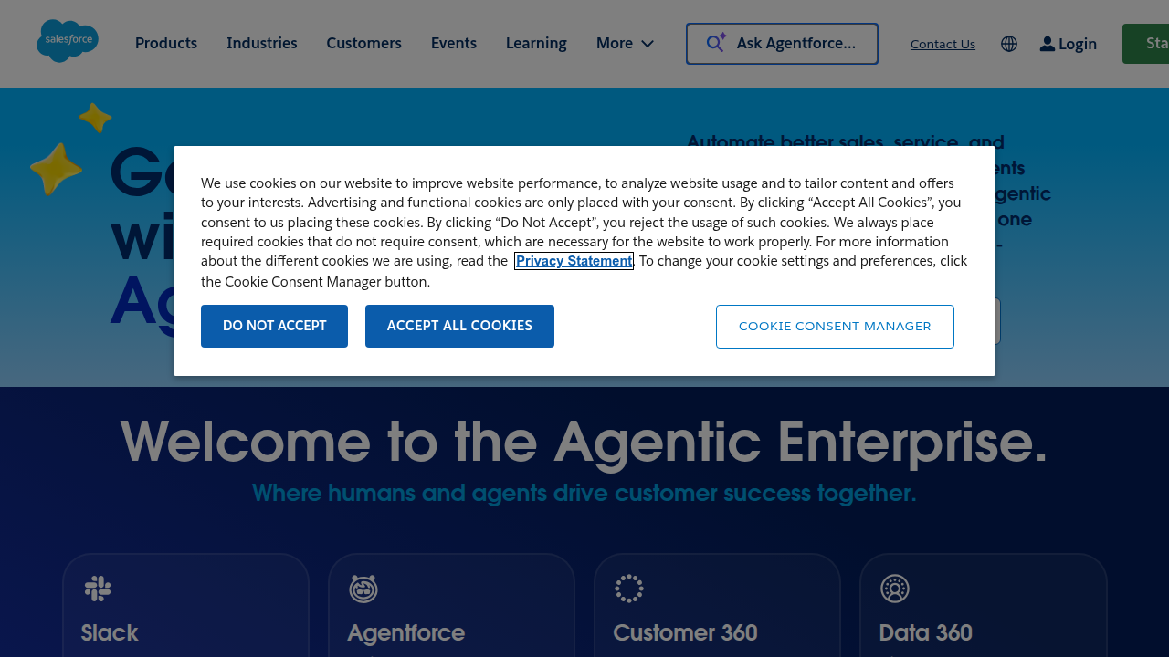 A screenshot of Salesforce's homepage, highlighting its CRM and business solutions for various industries.