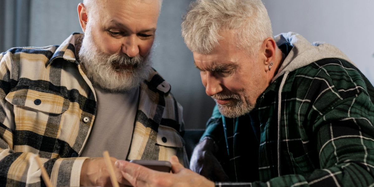Friends or family members looking at old photos or memorabilia, evoking warm feelings of nostalgia.