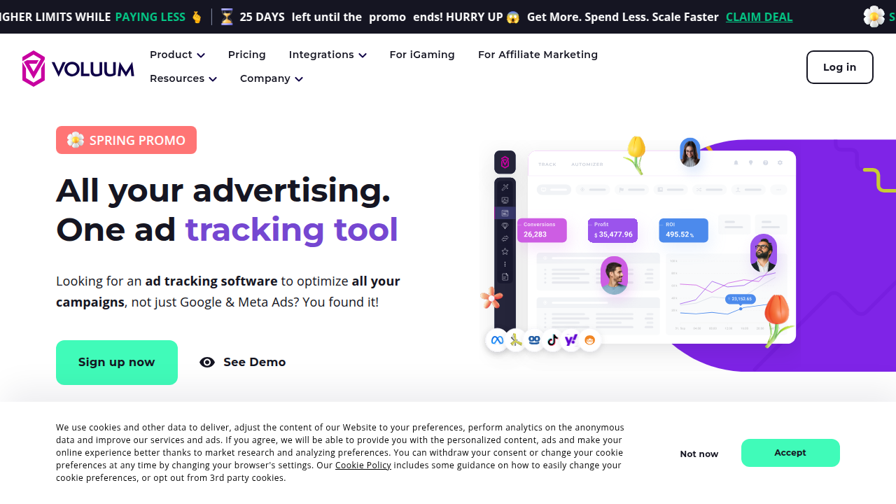 Voluum's platform, offering AI-powered ad tracking and optimization for performance marketers.