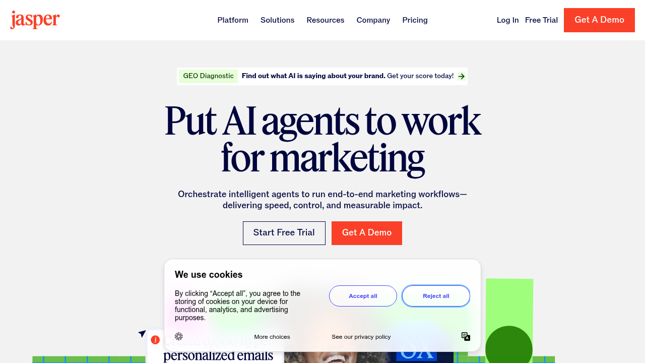 The Jasper.ai website, showcasing its capabilities for AI-powered content generation.