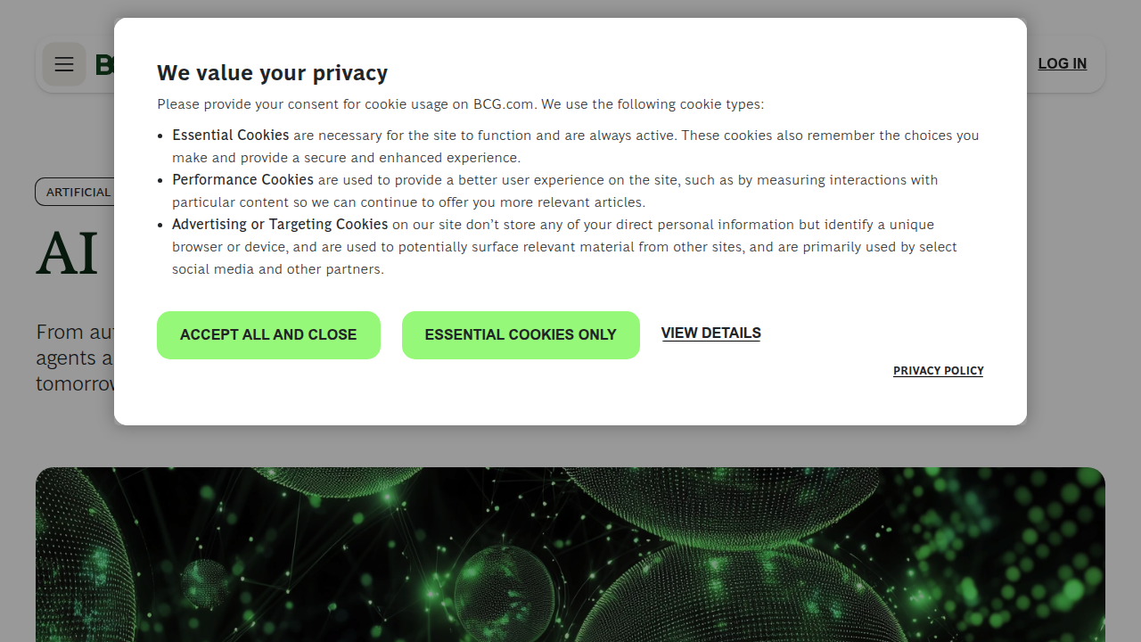 Screenshot of Boston Consulting Group (BCG) homepage, a leading firm in strategy and management consulting.