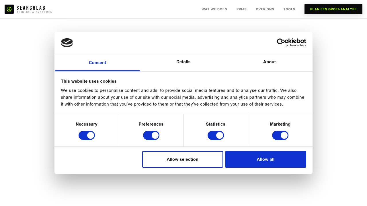 Screenshot of SearchLAB's homepage, a digital marketing agency providing insights and services.