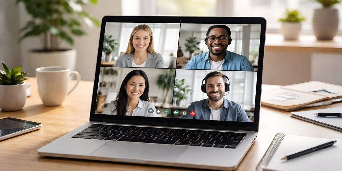 A diverse team collaborating effectively online from different locations, showing robust teamwork.