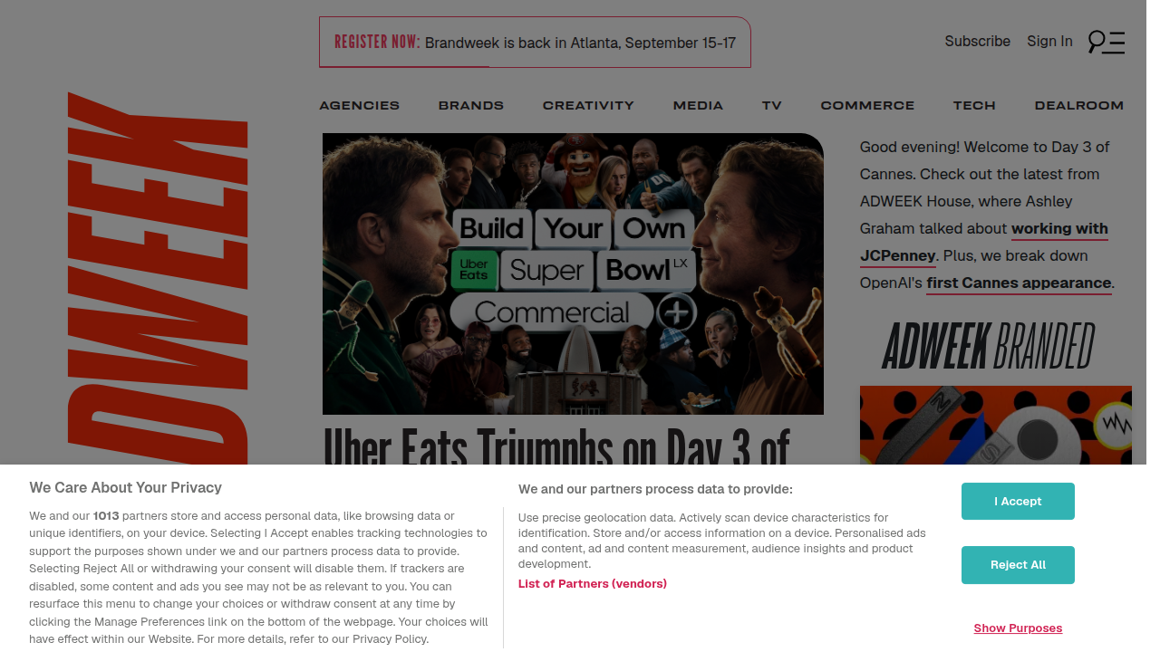 Screenshot of the Adweek homepage, a leading publication covering marketing and media industry news.