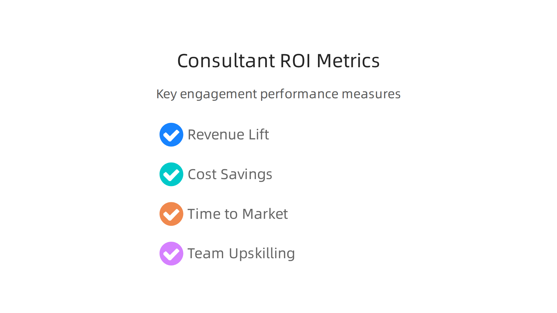 Measuring the ROI for consulting engagements involves tracking key metrics like revenue growth, cost reduction, market speed, and team skill development.