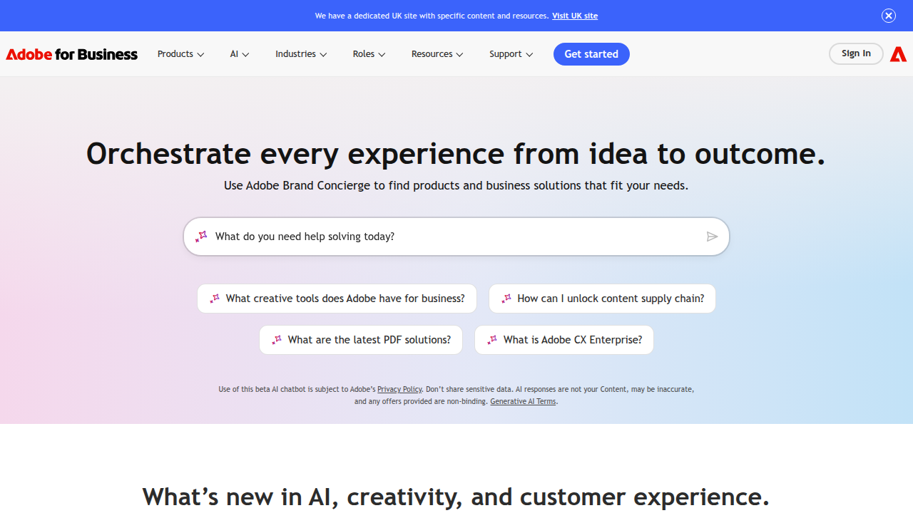 Adobe's business solutions provide resources and insights on digital trends and AI adoption in the enterprise.