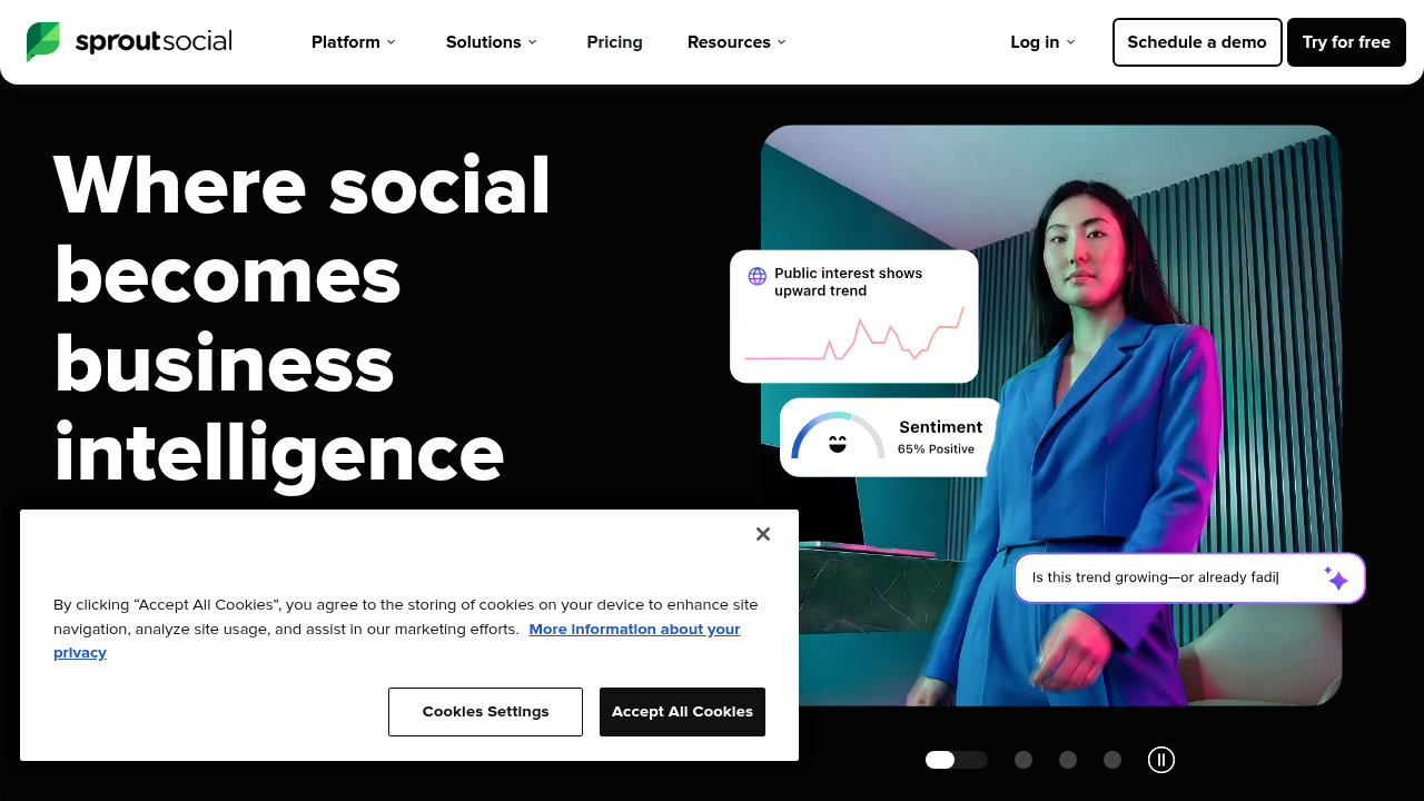 Screenshot of the Sprout Social homepage, highlighting its advanced analytics, unified inbox, and AI-powered capabilities.