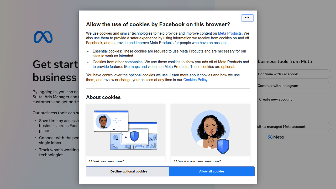 View the Meta Business Manager interface, showcasing tools for managing Facebook and Instagram ad campaigns with AI features.