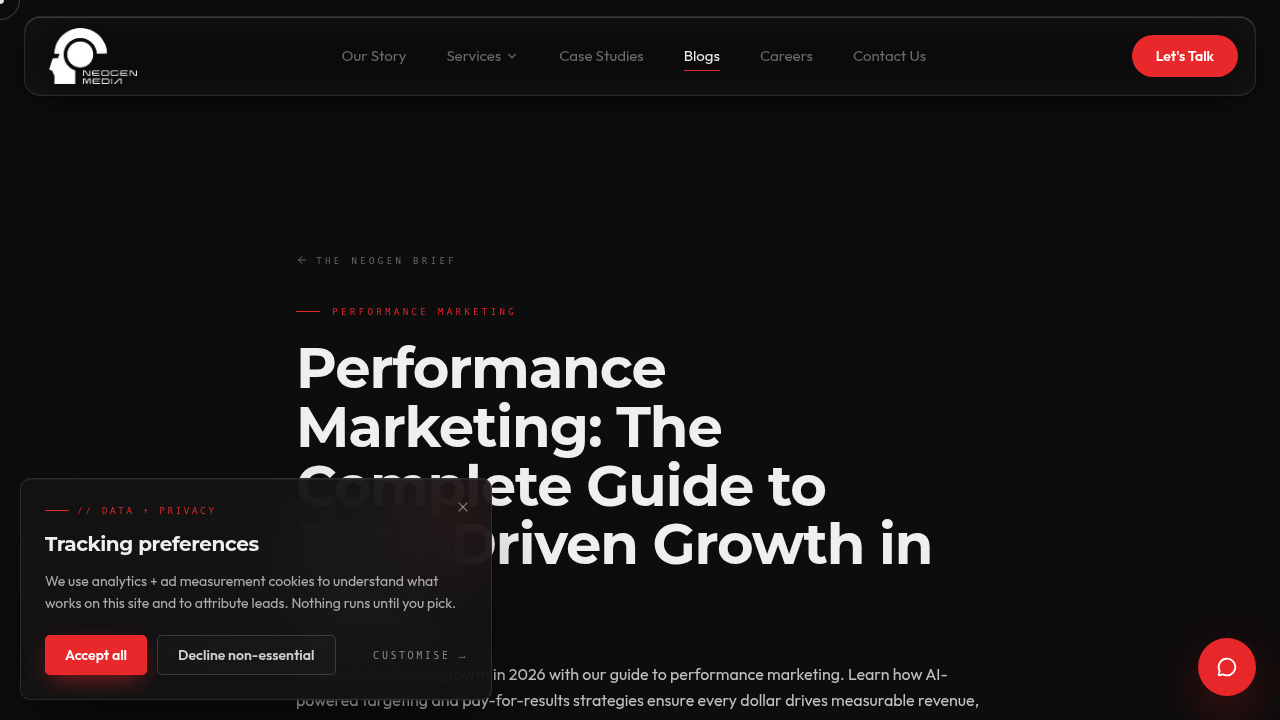 A screenshot of Neogenmedia's comprehensive guide on performance marketing for 2026, highlighting the role of AI and data-driven tools.