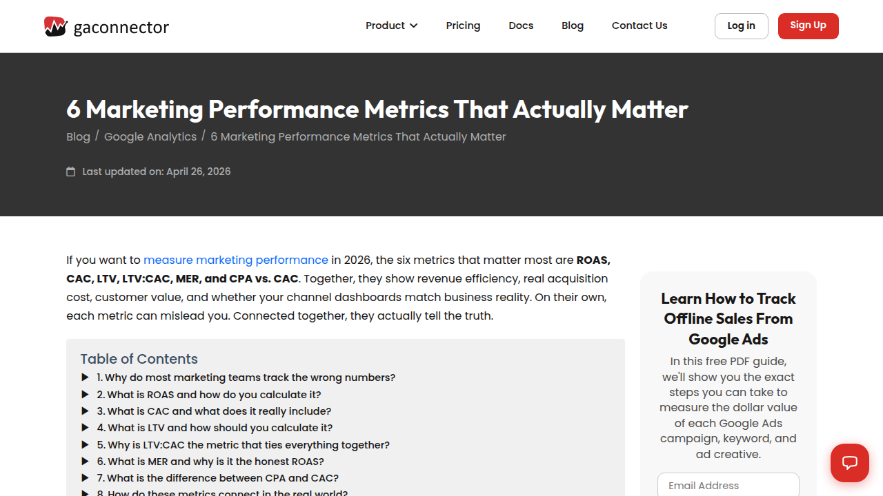 A screenshot from gaconnector.com, detailing essential marketing performance metrics like ROAS, LTV, and CAC for 2026.