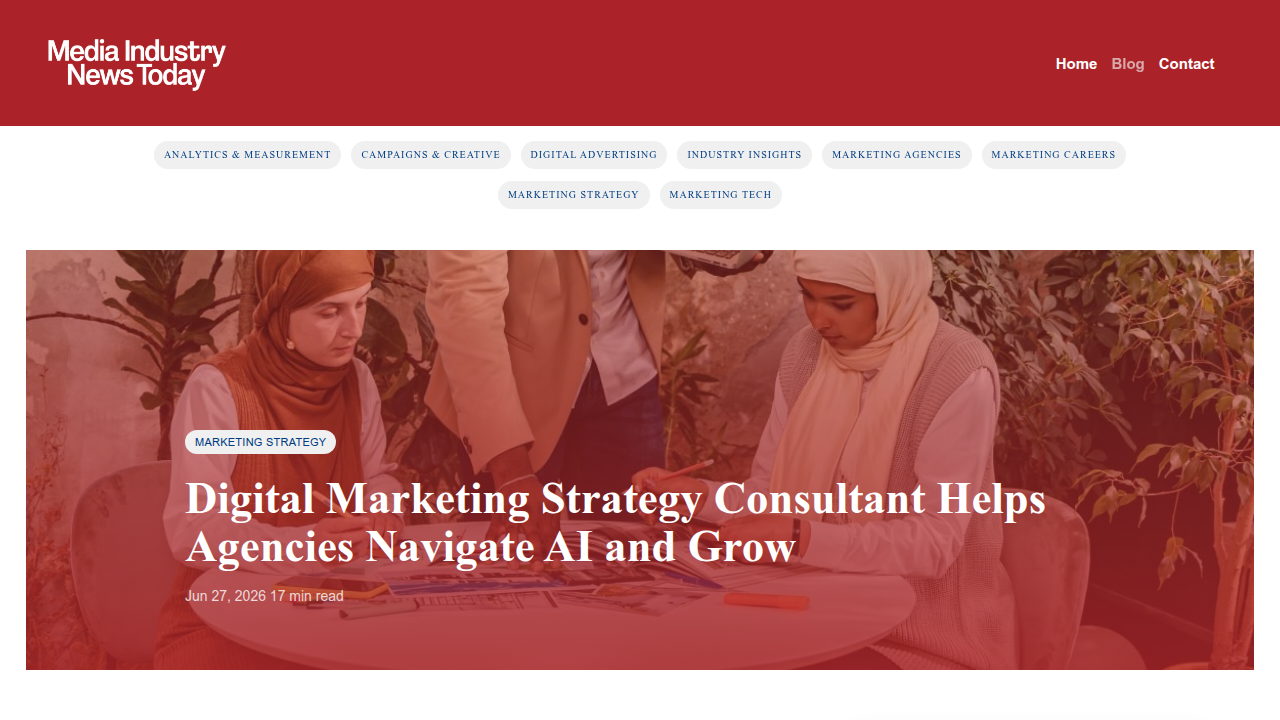 A screenshot of an article on mediaindustrynewstoday.com, discussing how digital marketing strategy consultants aid agencies in navigating AI and achieving growth.