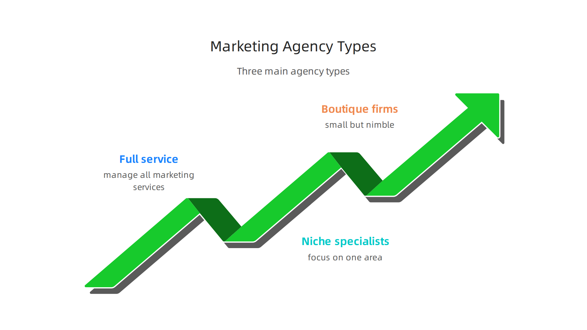 An infographic illustrating the three main types of digital marketing agencies: full-service, niche specialists, and boutique firms.