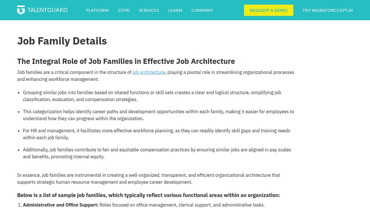 An example of a job family framework, illustrating how roles are grouped for clarity and career planning.