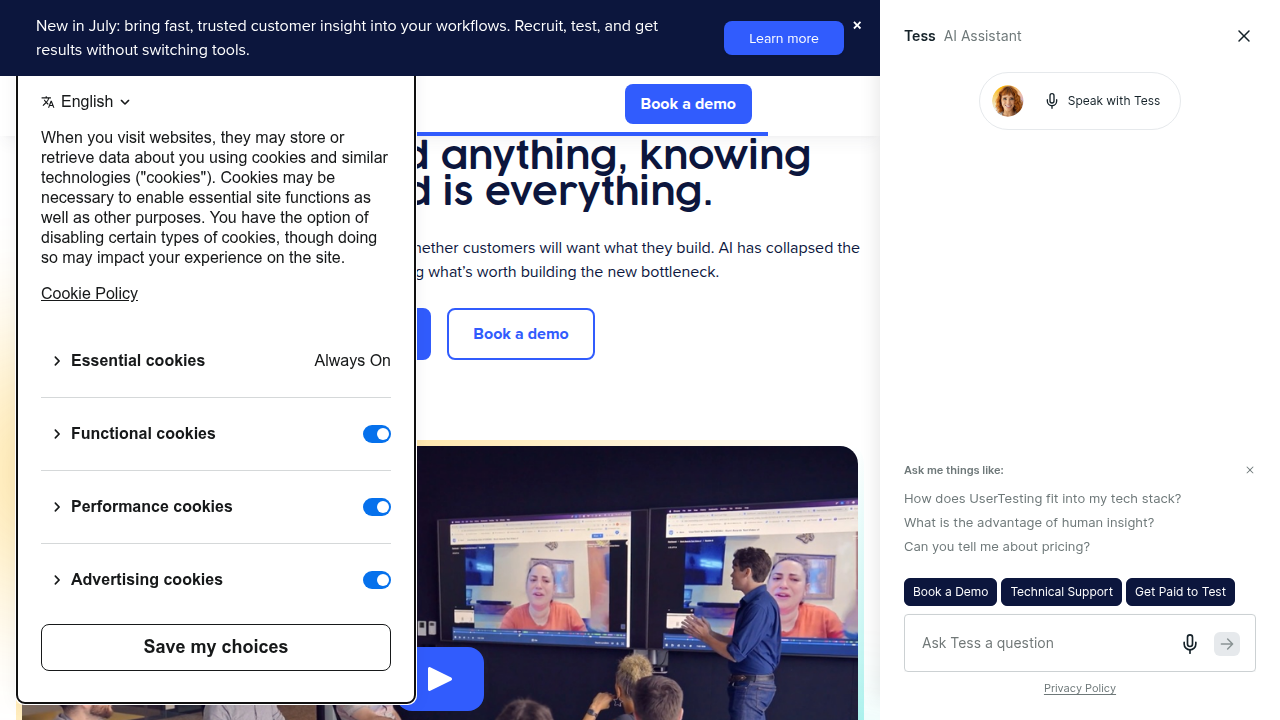 A screenshot of the UserTesting homepage, a platform known for user experience insights and market surveys.
