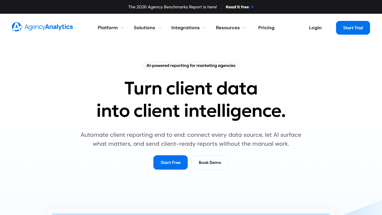 A screenshot of the AgencyAnalytics homepage, a platform for marketing reporting and client management.