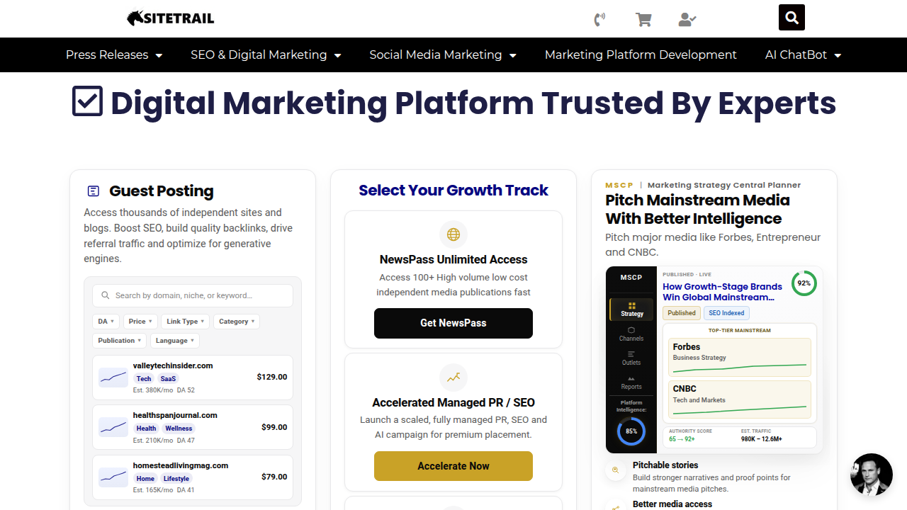 A screenshot of the Sitetrail homepage, a resource for digital marketing agency insights and trends.