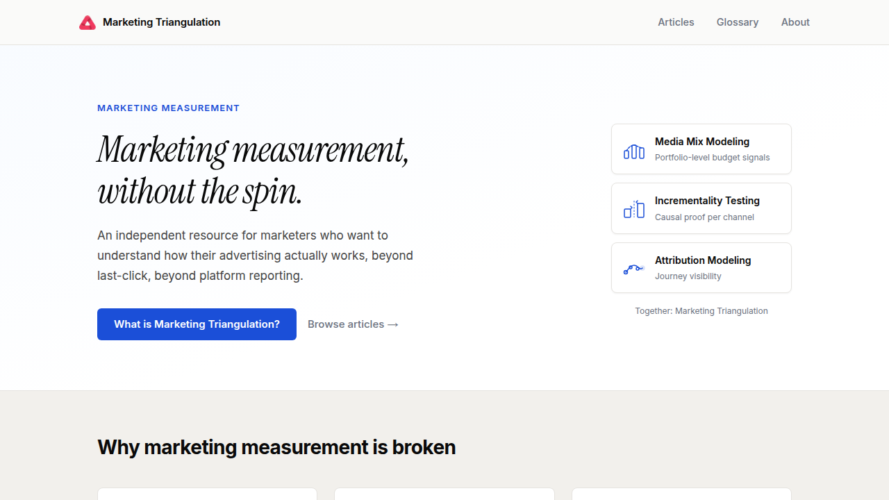 Homepage of Marketing Triangulation, a resource defining marketing analytics.