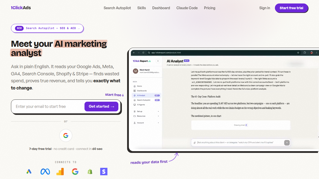 The 1 Click Report website, offering insights into marketing KPI dashboards.