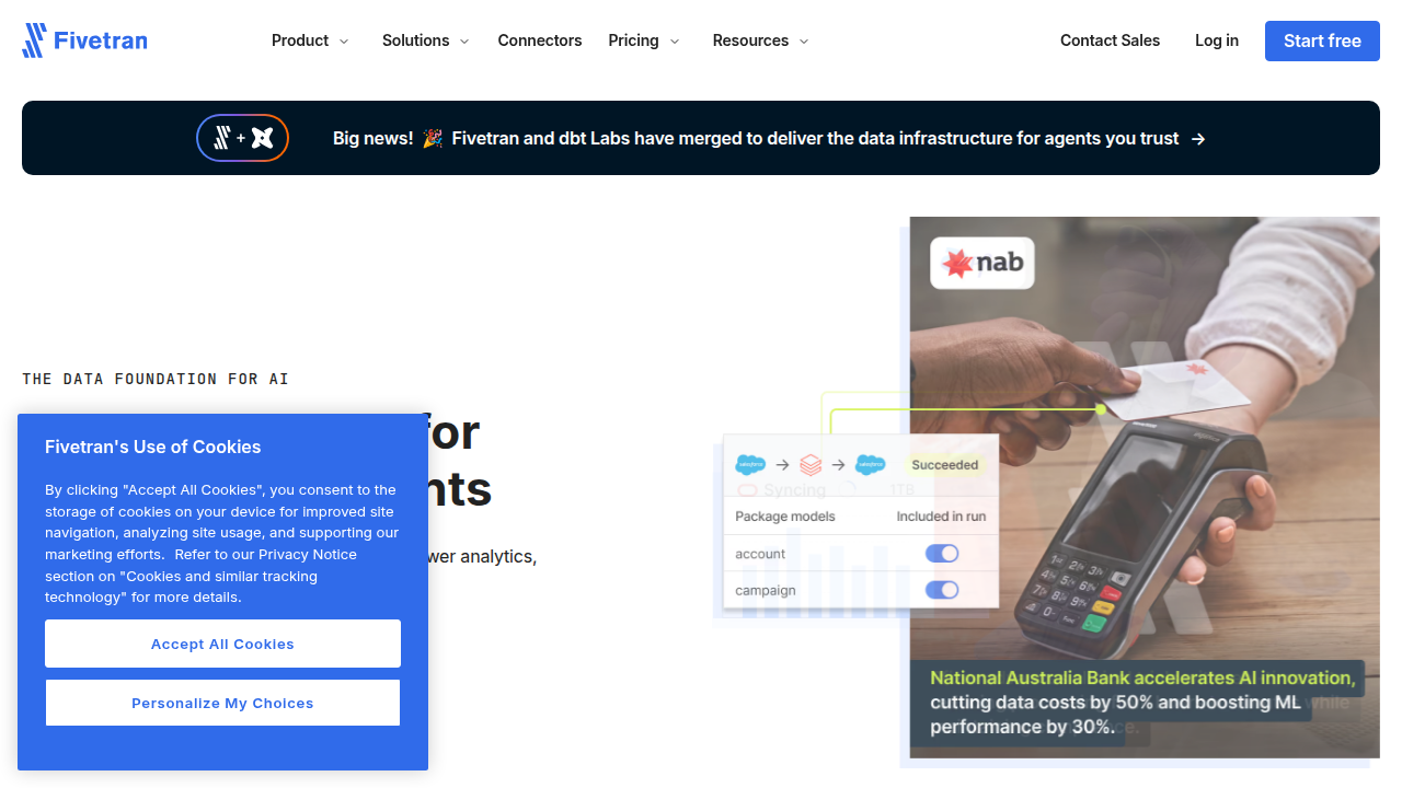 Fivetran's website, illustrating multi-channel data integration for marketing analytics.