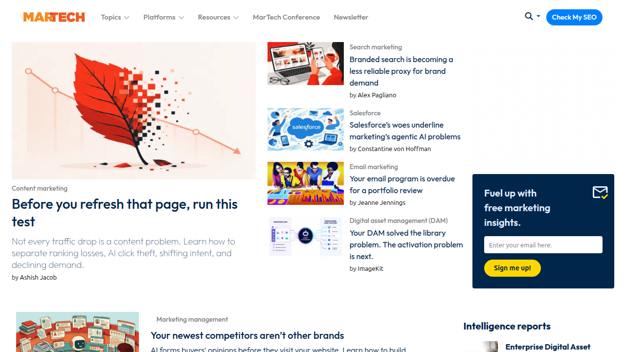 A screenshot of MarTech.org, a source for articles on marketing technology and AI.