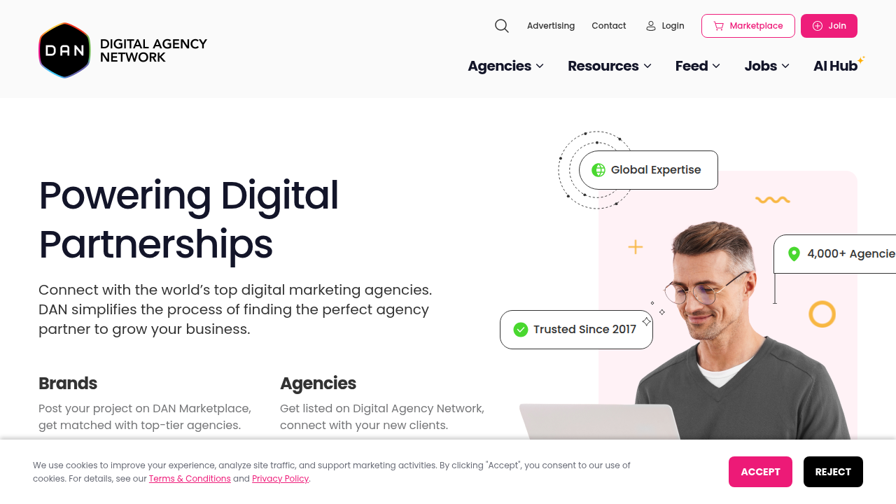 Screenshot of Digital Agency Network's website, featuring an AI Agency Pricing Guide for 2026, relevant for understanding cost structures.