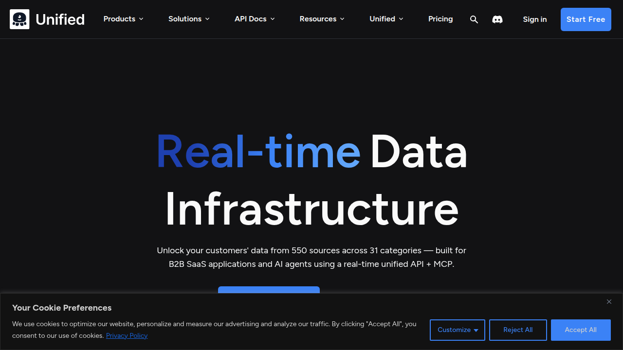 Screenshot of Unified.to's website, an authoritative source on APIs for AI Agents and integration patterns for modern tech stacks.