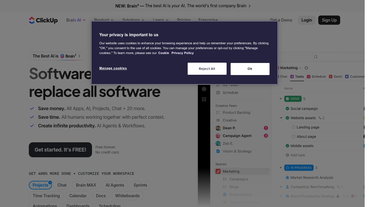 Screenshot of the ClickUp homepage, a platform offering tools for productivity and marketing, including AI features.