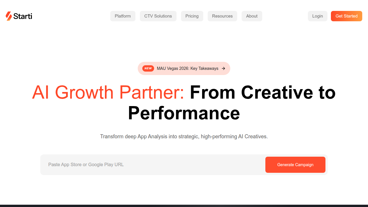 The homepage of Starti.ai, a resource that reviews the best AI ad creative tools for performance advertising.