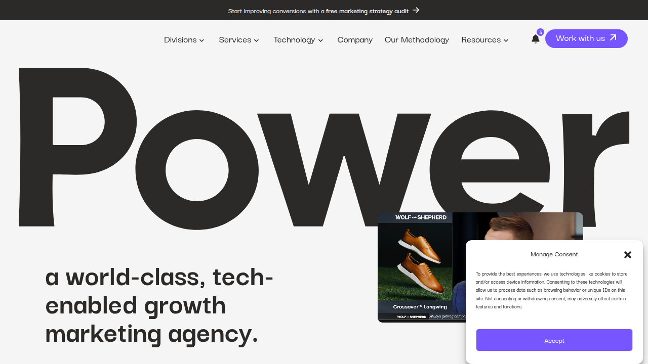 Power Digital Marketing's homepage, showcasing its comprehensive digital solutions.