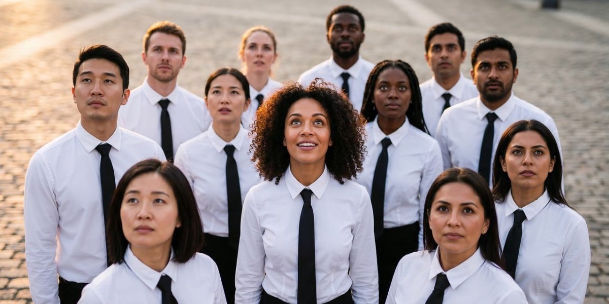 A diverse team working in harmony, symbolizing unified marketing messages.