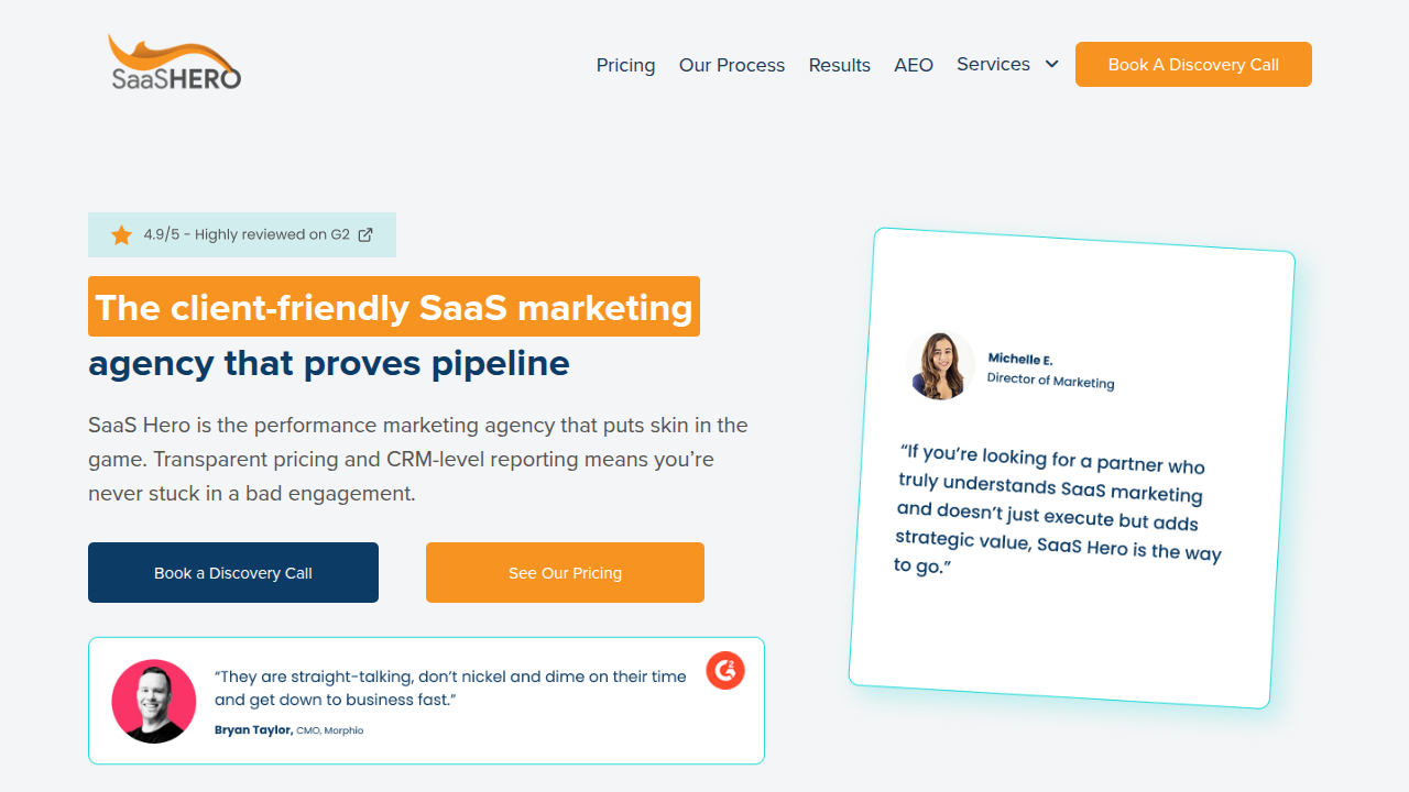 A screenshot of SaaS Hero's website, featuring resources on B2B SaaS and agency pricing benchmarks.