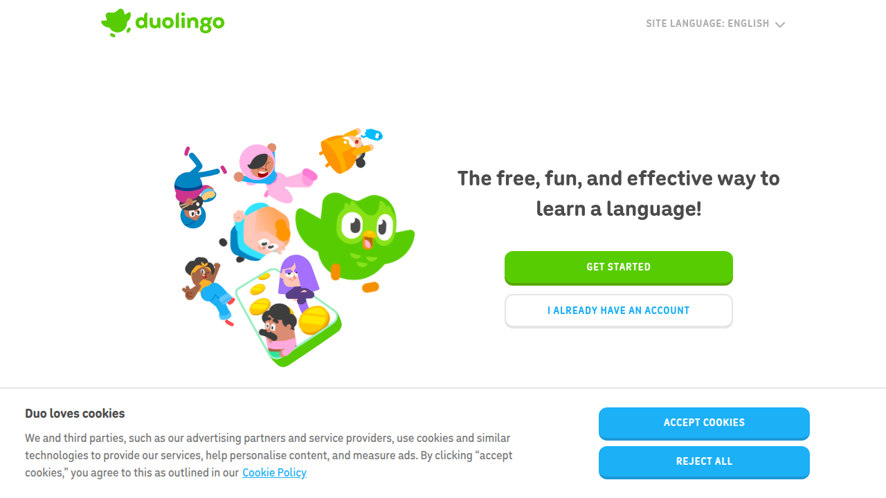 Screenshot of the Duolingo website, a popular language-learning app known for its engaging and often humorous campaigns.