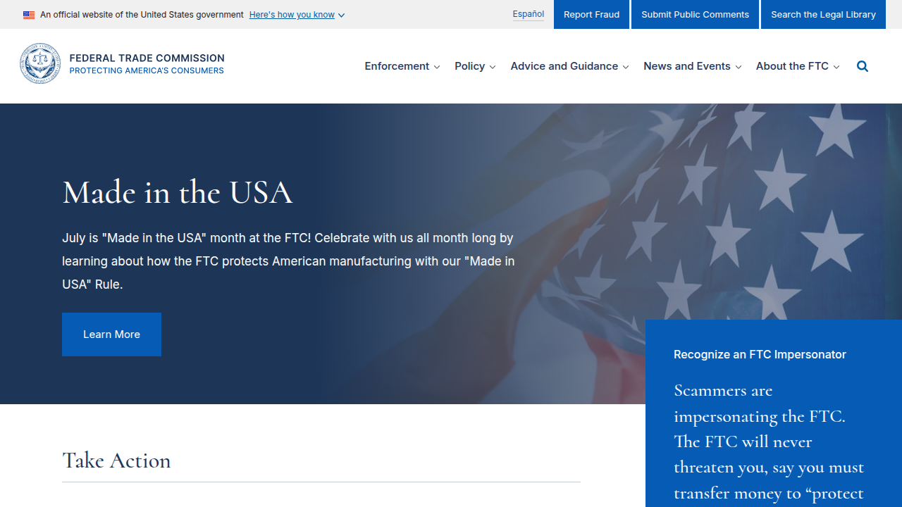 The FTC's official website, a key resource for advertising regulation in the US.