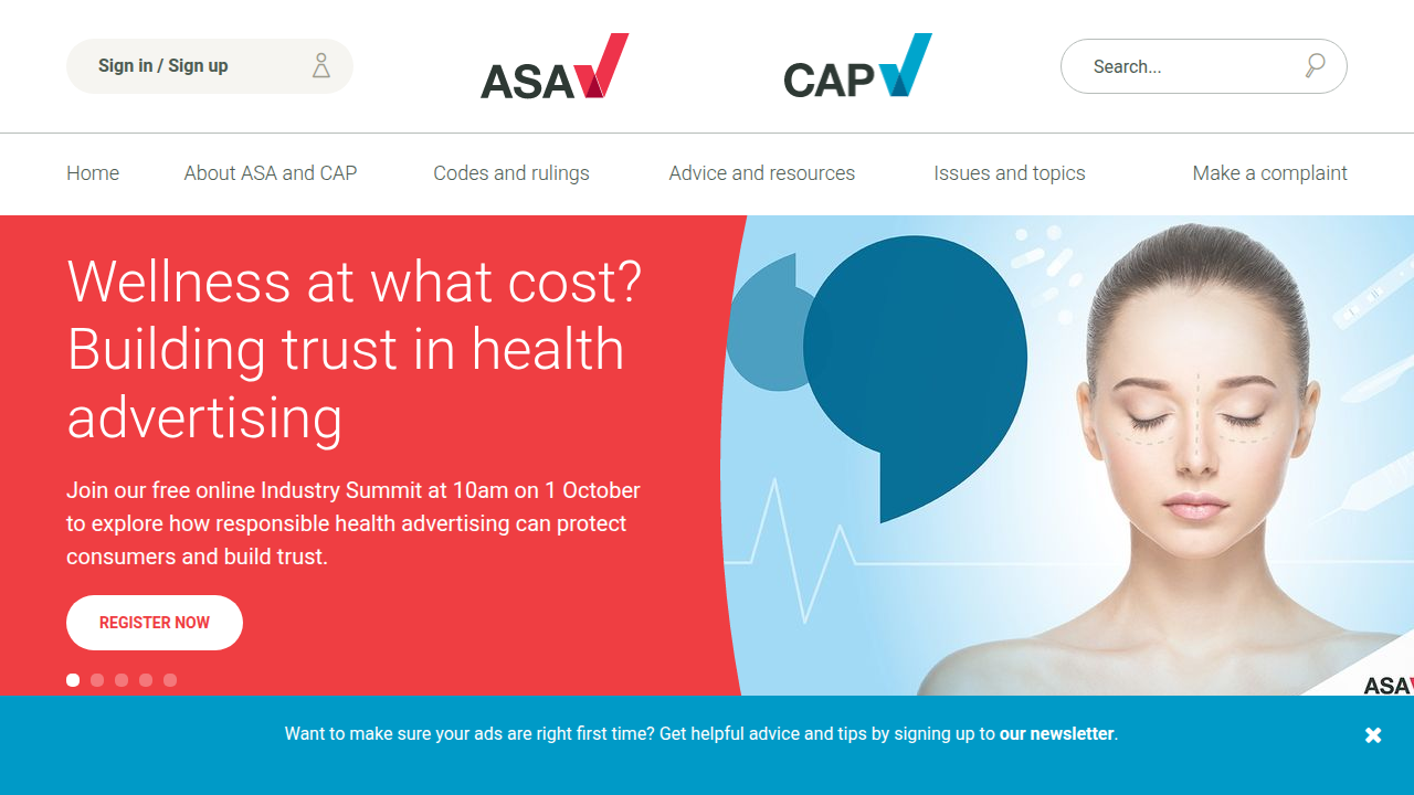 The ASA website, detailing the UK's self-regulatory framework for advertising.