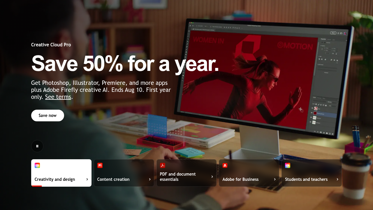 Screenshot of Adobe's homepage, a major provider of tools for creative professionals.