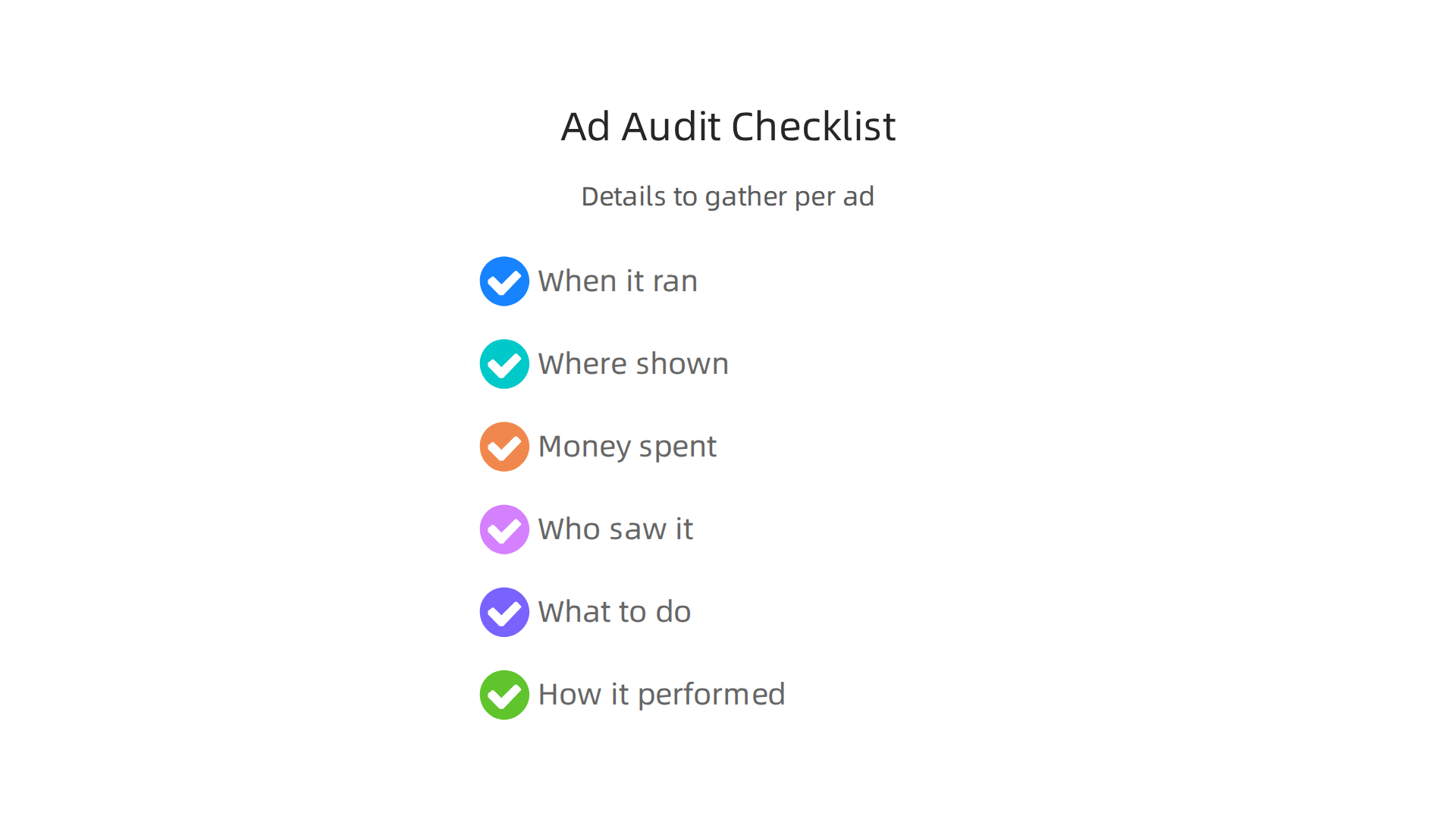 A checklist of key details to gather for each advertisement during an advertising portfolio audit.