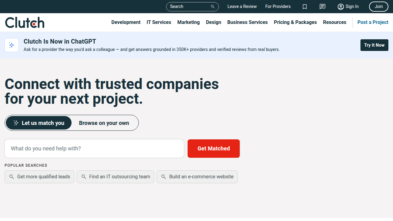 Screenshot of Clutch, a leading platform for finding and reviewing marketing and advertising agencies.